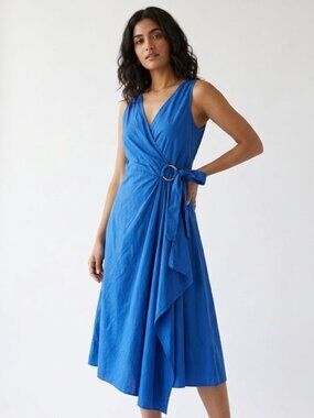 Mango Cobalt Blue Wrap Dress Size 6 100% Cotton Sleeveless Midi